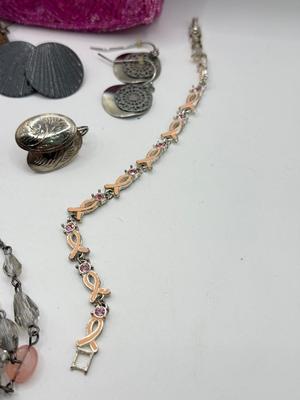 LOT 228J: Breast Cancer Awareness Pink Ribbon Tennis Bracelet, Pierced Earrings, Necklace & MK Signature Lipstick Case