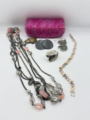 LOT 228J: Breast Cancer Awareness Pink Ribbon Tennis Bracelet, Pierced Earrings, Necklace & MK Signature Lipstick Case