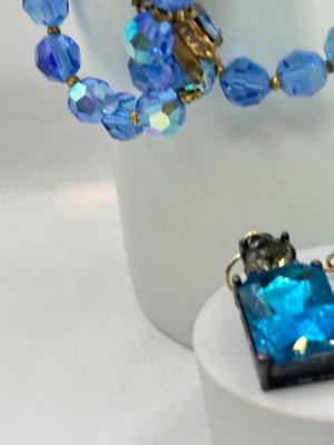 LOT 229J: Vintage Blue Aurora Borealis Bead Necklace w/ Earrings & Stretch Bracelets