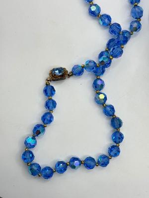 LOT 229J: Vintage Blue Aurora Borealis Bead Necklace w/ Earrings & Stretch Bracelets