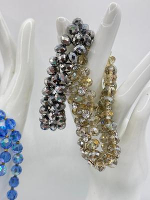 LOT 229J: Vintage Blue Aurora Borealis Bead Necklace w/ Earrings & Stretch Bracelets