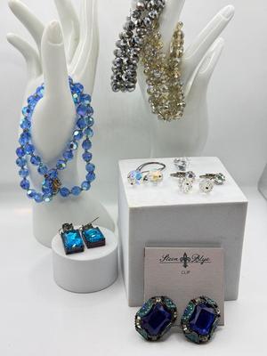LOT 229J: Vintage Blue Aurora Borealis Bead Necklace w/ Earrings & Stretch Bracelets