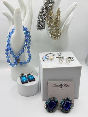 LOT 229J: Vintage Blue Aurora Borealis Bead Necklace w/ Earrings & Stretch Bracelets