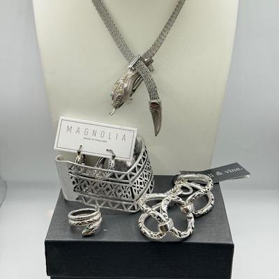 LOT 231J: Lucky Brand Cuff Bracelet, Magnolia Jewelry NWT & Mesh Snake Necklace made in France