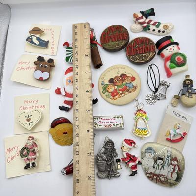 LOT 235J: Merry Christmas Pin Collection: Handmade, Hallmark, Vintage Plastic Pull String & More