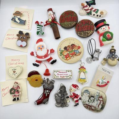 LOT 235J: Merry Christmas Pin Collection: Handmade, Hallmark, Vintage Plastic Pull String & More
