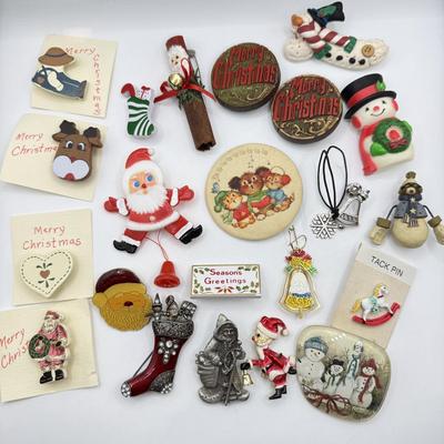 LOT 235J: Merry Christmas Pin Collection: Handmade, Hallmark, Vintage Plastic Pull String & More