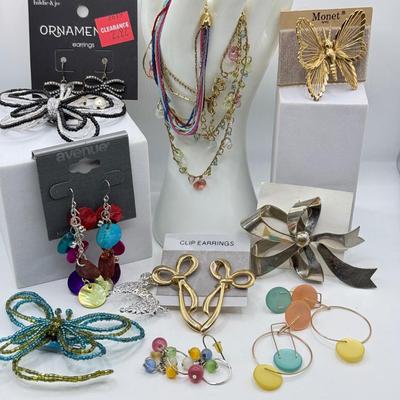 LOT 237J: Monet Butterfly Brooch NWT, Beaded Butterflies, Avenue Drop Earrings, Bow Jewelry, Mudd Necklace & More