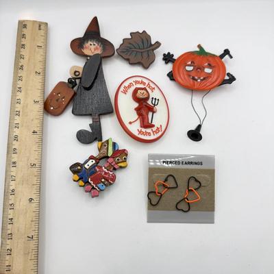 LOT 238J: 1980s Hallmark "When You're Hot, You're Hot!" Devil Pin, Pull String Plastic Pumpkin w/ Glasses & More