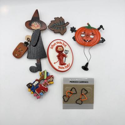 LOT 238J: 1980s Hallmark "When You're Hot, You're Hot!" Devil Pin, Pull String Plastic Pumpkin w/ Glasses & More