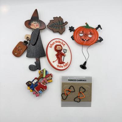 LOT 238J: 1980s Hallmark "When You're Hot, You're Hot!" Devil Pin, Pull String Plastic Pumpkin w/ Glasses & More