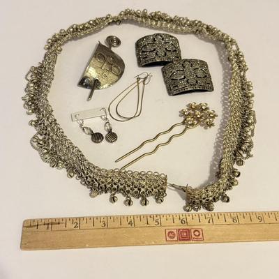 LOT 239L: 32" Long Bell Chain Belt w/ Earrings, Vintage Hair Accessories & More
