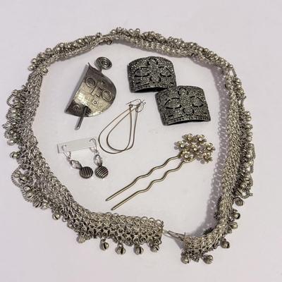 LOT 239L: 32" Long Bell Chain Belt w/ Earrings, Vintage Hair Accessories & More