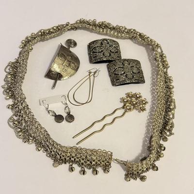 LOT 239L: 32" Long Bell Chain Belt w/ Earrings, Vintage Hair Accessories & More