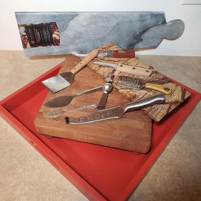 LOT 242K: Cheese Knives & Marble Serving Boards with Wooden Butcher Block