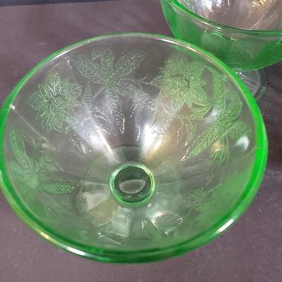 LOT 244K: Uranium Glass Poinsettia Pattern Sherbert Cups & Plates
