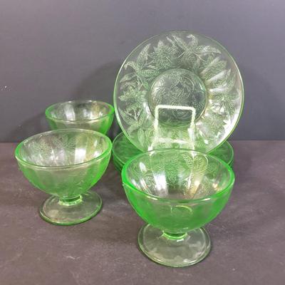 LOT 244K: Uranium Glass Poinsettia Pattern Sherbert Cups & Plates
