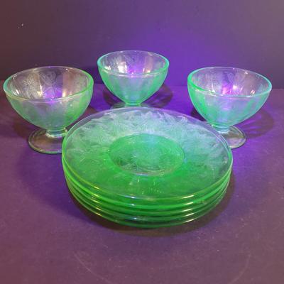 LOT 244K: Uranium Glass Poinsettia Pattern Sherbert Cups & Plates