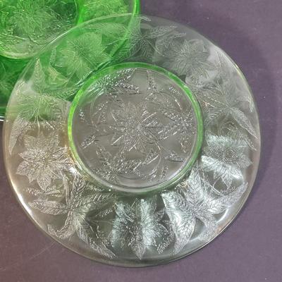 LOT 244K: Uranium Glass Poinsettia Pattern Sherbert Cups & Plates