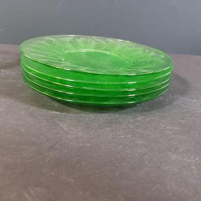 LOT 244K: Uranium Glass Poinsettia Pattern Sherbert Cups & Plates