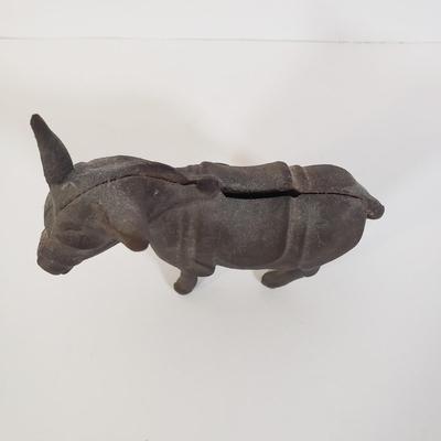 LOT 246L: Cast Iron Donkey Bank, Ceramic Pig Bank, Covered Bridge Art Tile & More