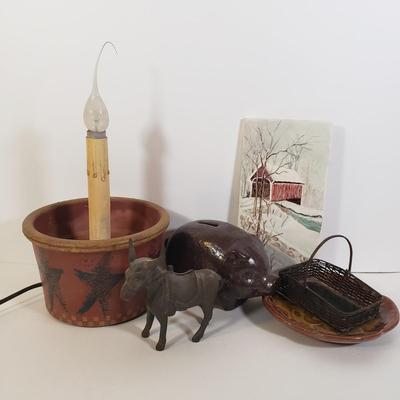 LOT 246L: Cast Iron Donkey Bank, Ceramic Pig Bank, Covered Bridge Art Tile & More