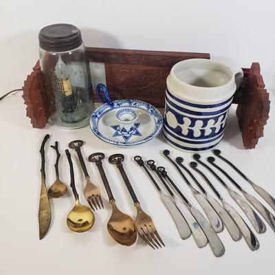 LOT 247L: Key, Tree Branch & Unique Flatware, Hand Carved Wooden Book Rack, Lotus Chamber Candlestick Holder & More