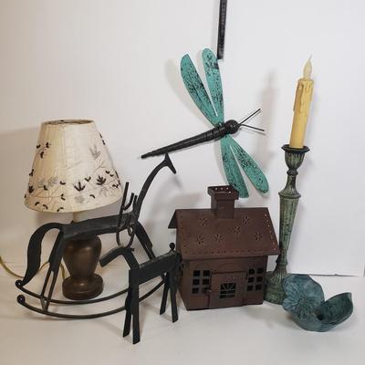 LOT 248L: Iron Rocking Horse & Reindeer Sculptures, Brass Lamp & More