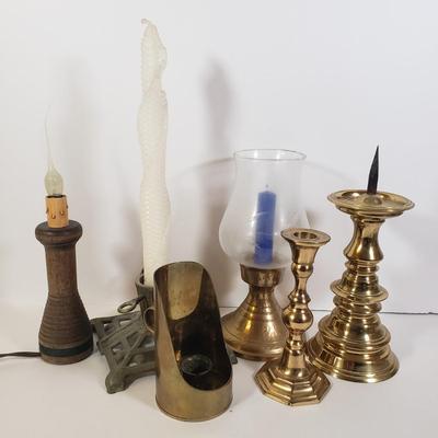 LOT 249L: Virginia Metalcrafters Spiked Candlestick, Brass Reflector Candle Holder, Wooden Spool Candlestick Lamp & More