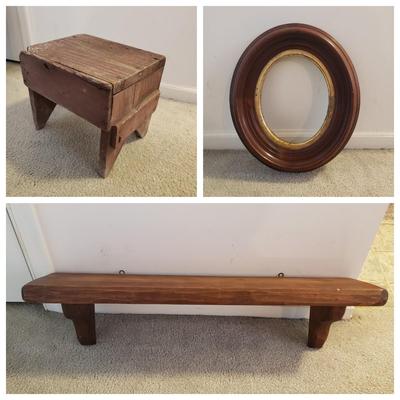 LOT 250L: Antique Wooden Stool, Thick Oval Wood Frame & Wooden Shelf