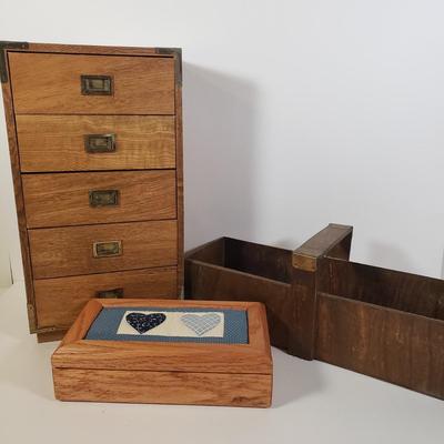 LOT 255L: Tennessee Wood Crafters Jewelry Box, 5 Drawer Jewelry Box & Wooden Box with Handle