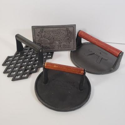 LOT 258K: Cast Iron Grill Presses & Bacon Press with Pig