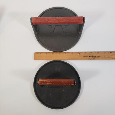 LOT 258K: Cast Iron Grill Presses & Bacon Press with Pig