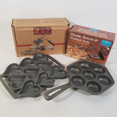 LOT 259L: Cast Iron Heart Shaped Pan & Danish Pancake Pan with Rosette & Timbale Iron Sets