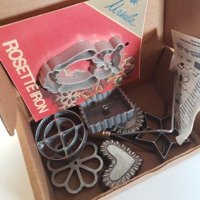 LOT 259L: Cast Iron Heart Shaped Pan & Danish Pancake Pan with Rosette & Timbale Iron Sets