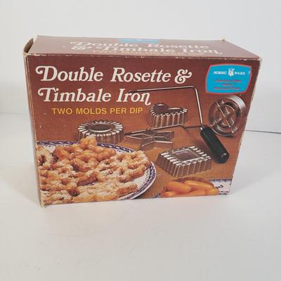 LOT 259L: Cast Iron Heart Shaped Pan & Danish Pancake Pan with Rosette & Timbale Iron Sets