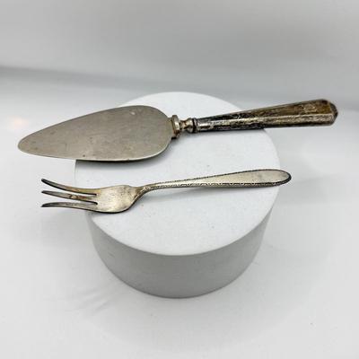 LOT 264J: Sterling 3 Tine Fork (11.15g) & Sterling Handle Serving Utensil w/ Stainless Blade (unweighed)
