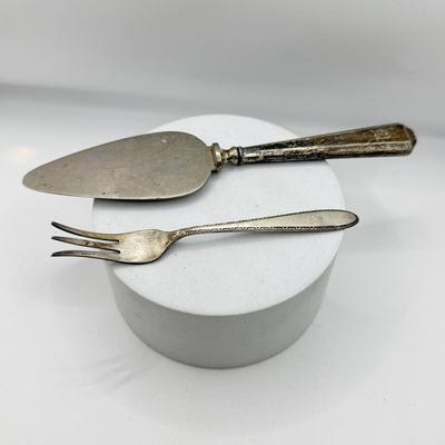 LOT 264J: Sterling 3 Tine Fork (11.15g) & Sterling Handle Serving Utensil w/ Stainless Blade (unweighed)