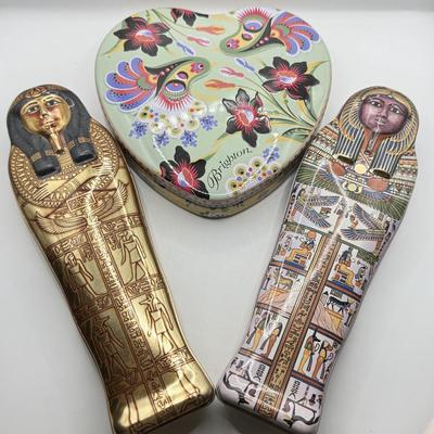 LOT 271K: British Museum Sarcophagi Tins & Brighton Folk Art Heart Tin