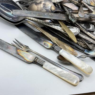 LOT 272L: Wilton Mount Joy Pewter Pitcher full of Silver Plate, Stainless & More Utensils