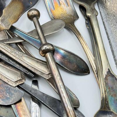 LOT 272L: Wilton Mount Joy Pewter Pitcher full of Silver Plate, Stainless & More Utensils