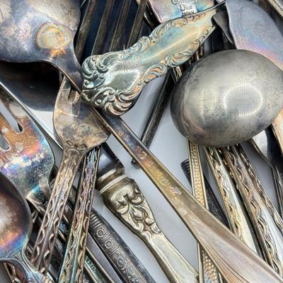 LOT 272L: Wilton Mount Joy Pewter Pitcher full of Silver Plate, Stainless & More Utensils