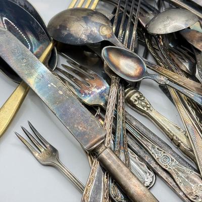 LOT 272L: Wilton Mount Joy Pewter Pitcher full of Silver Plate, Stainless & More Utensils