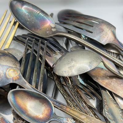 LOT 272L: Wilton Mount Joy Pewter Pitcher full of Silver Plate, Stainless & More Utensils