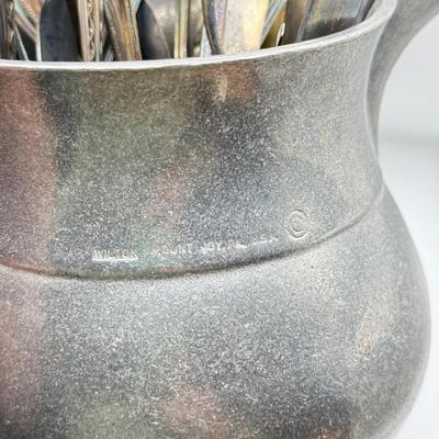 LOT 272L: Wilton Mount Joy Pewter Pitcher full of Silver Plate, Stainless & More Utensils