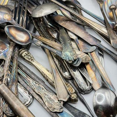 LOT 272L: Wilton Mount Joy Pewter Pitcher full of Silver Plate, Stainless & More Utensils