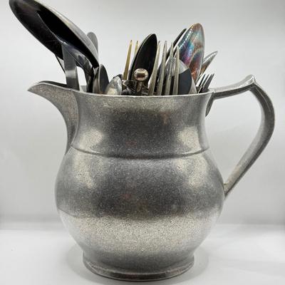 LOT 272L: Wilton Mount Joy Pewter Pitcher full of Silver Plate, Stainless & More Utensils