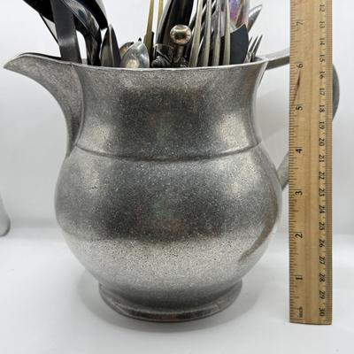 LOT 272L: Wilton Mount Joy Pewter Pitcher full of Silver Plate, Stainless & More Utensils