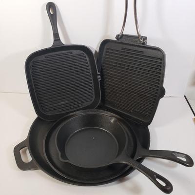 LOT 279K: Assortment of Cast Iron Frying Pans, Grill Pans & More