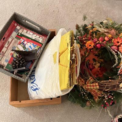 LOT 281L: Gift Bags 'n Tags, Fall Wreath, Wooden Crate